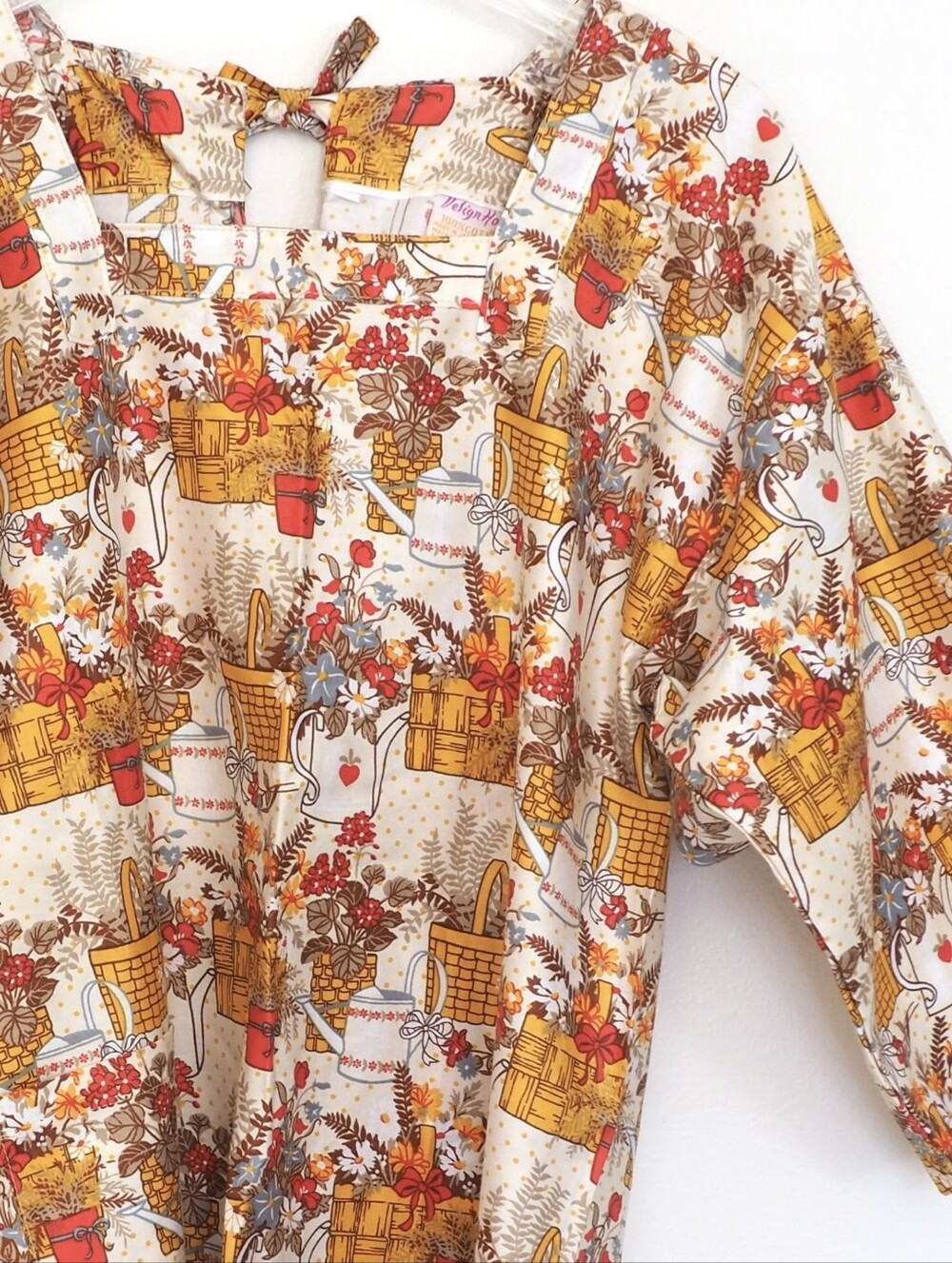 Vintage Design House Smock Apron Top Kimono Sleeve 60s 70s Japan Plant Print